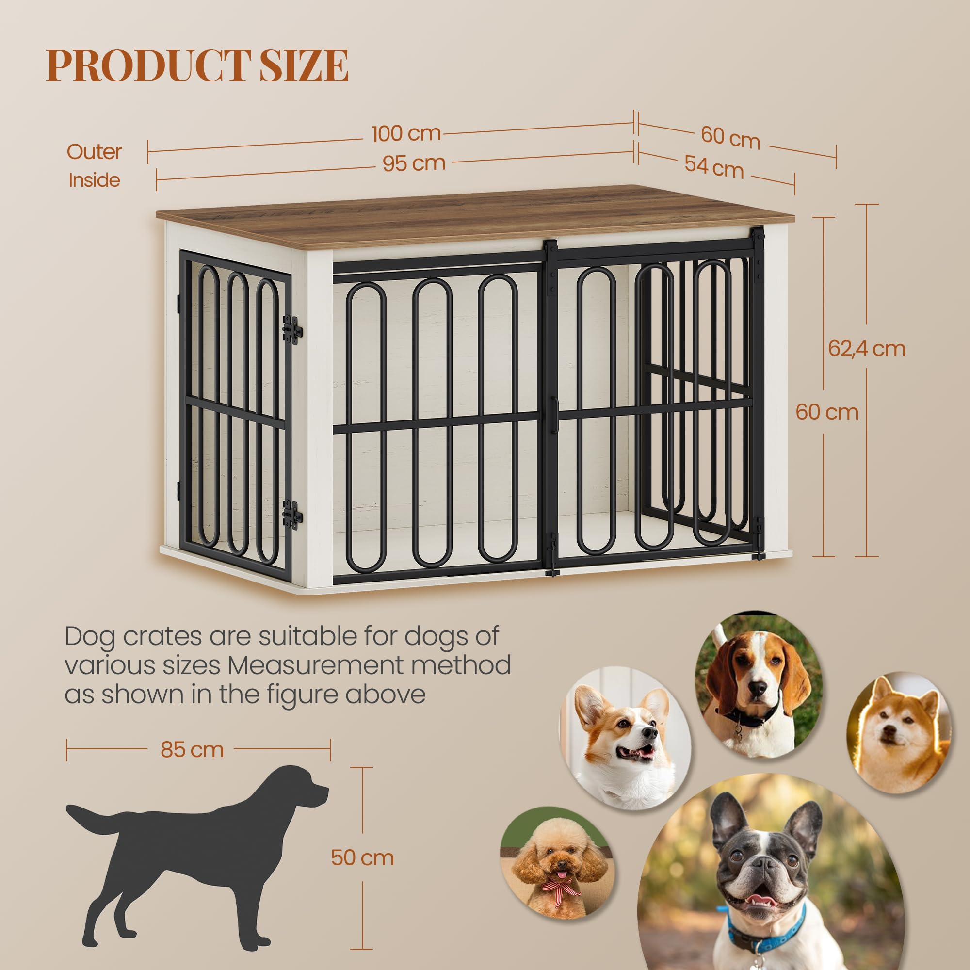HEXCELEN Jaula para Perros Mueble de Madera, 100 × 60 × 62,4 cm, 2 Puertas, para Interiores, Jaula Resistente para Perro, Mesa Auxiliar, Blanco Marrón, para Perros Pequeños y Medianos, Moderna