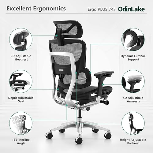 Miniatura 7 de Odinlake 743-Plus Office 350 libras, malla ergonómica resistente, soporte lumbar giratorio para computadora de respaldo alto y brazos 4D, asiento