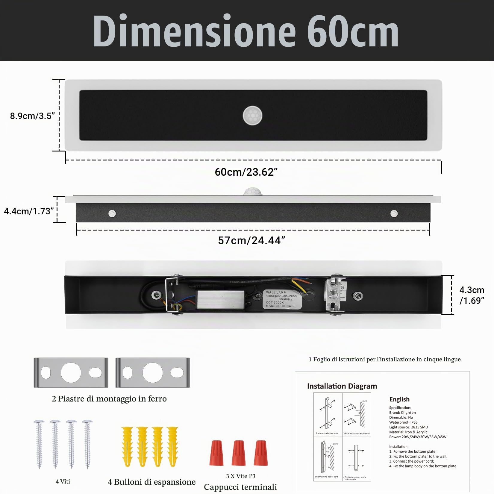 Klighten Led Lunga Applique da Esterno/Interno, Lampada da Parete con Sensore di Movimento 60CM/20W, IP65 Luce da Parete Acciaio inossidabile+Acrilico, per Villa/Terrazzo, Bianco Caldo 3000K, Nero