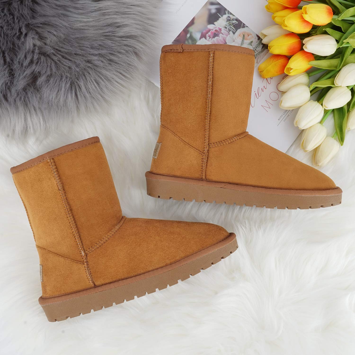 Lanyani Women's Vegan Winter Boots Waterproof Classic Faux Sheepskin Warm  Mid Calf Snow Boots