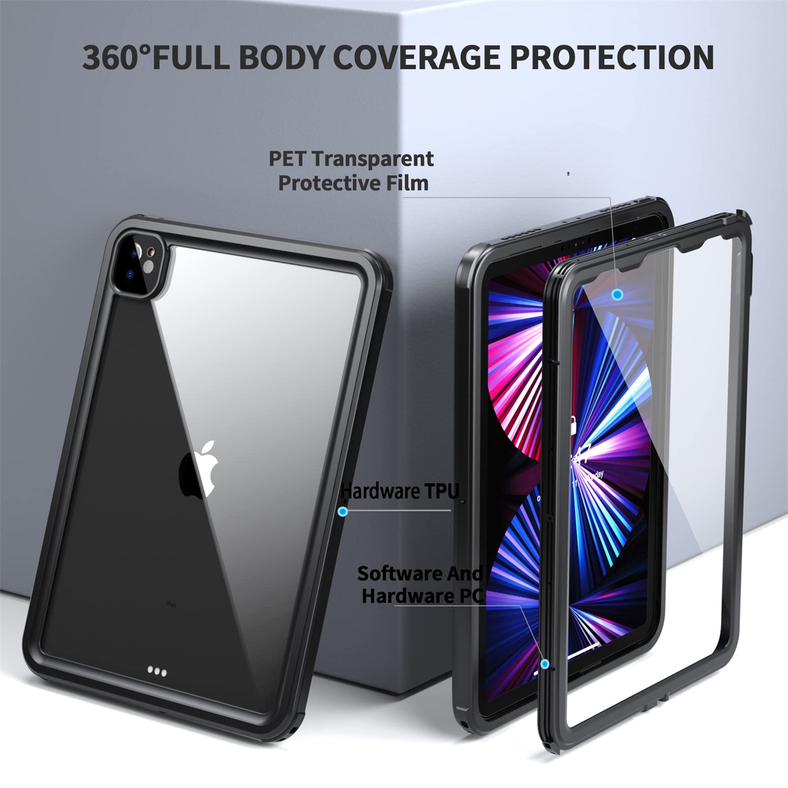 Custodia per iPad PRO 11" 3a/2a Gen(2021/2020),[IP68 Impermeabile] Custodia Sottile Antiurto Cover Impermeabile con Protezione Schermo Integrata+Cordino e Kickstand