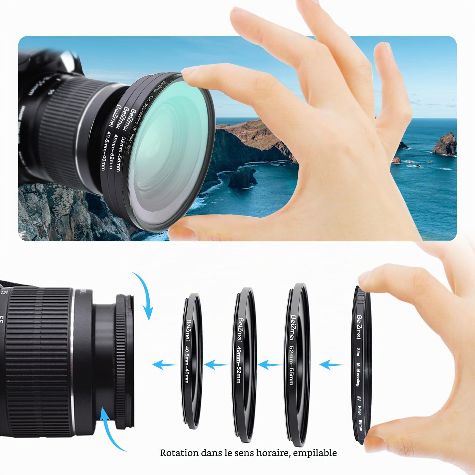 Set de 9 Anneaux adaptateurs Step-up fabriqués en Aluminium (métal),Include:40,5-49 mm, 49-52 mm, 52-55 mm, 55-58 mm, 58-62 mm, 62-67 mm, 67-72 mm, 72-77 mm, 77-82 mm (Chambre Filter Ring)