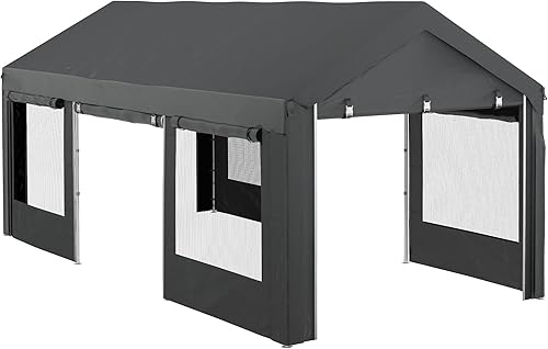 Outsunny Carport - Garaje portátil de 10 x 20 pies, altura ajustable, resistente, con 4 puertas enrollables y 4 ventanas ventiladas para automóvil,