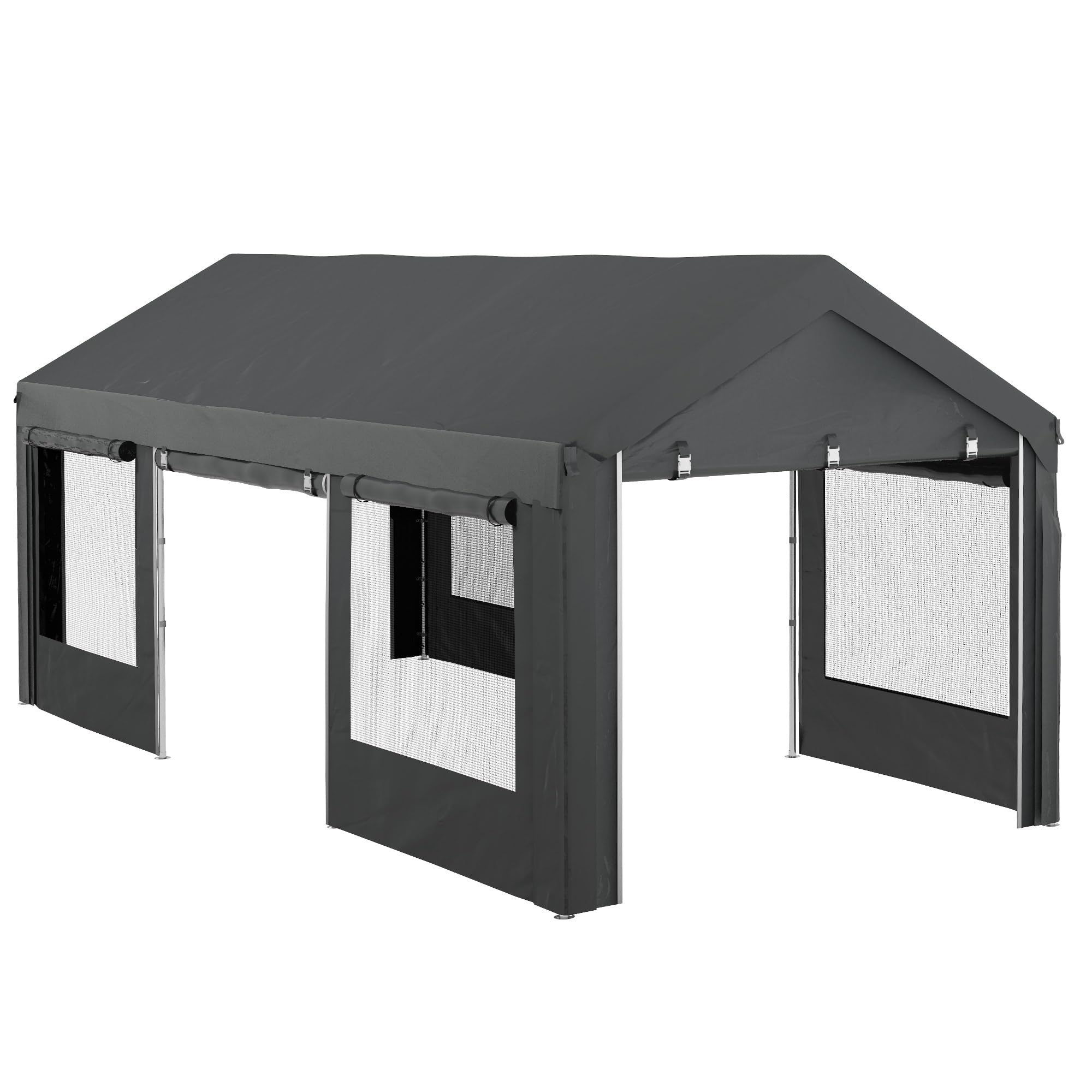 Outsunny Gazebo da Giardino 6x3m Grigio Scuro con Altezza Regolabile Carport Auto 4 Porte 4 Finestre
