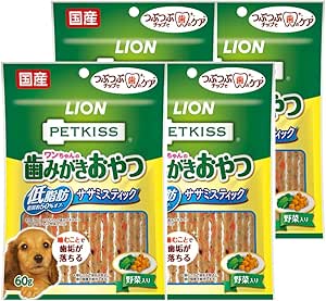 【送料込・まとめ買い×5個セット】ライオン商事 PETKISS ペットキッス ワンちゃんの 歯みがきおやつ 低脂肪 ササミスティック 野菜入り 60g 犬用