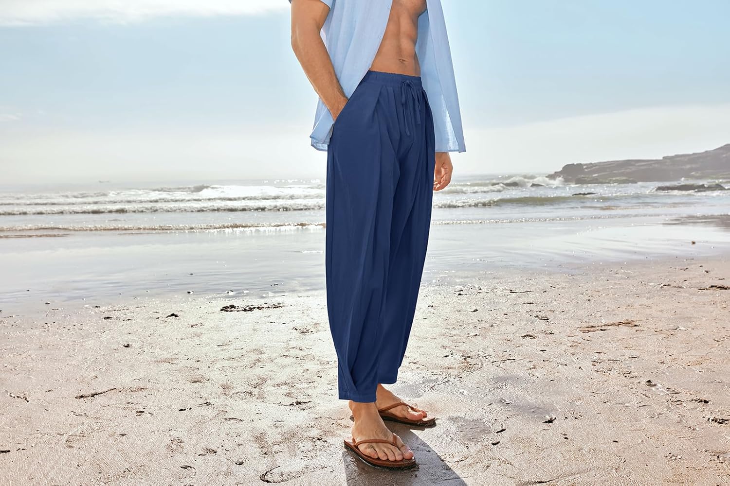 Gafeng Mens Linen Yoga Pants Elastic Waist Drawstring Summer Beach Loose Fit Casual Tapered Trousers - Image 4