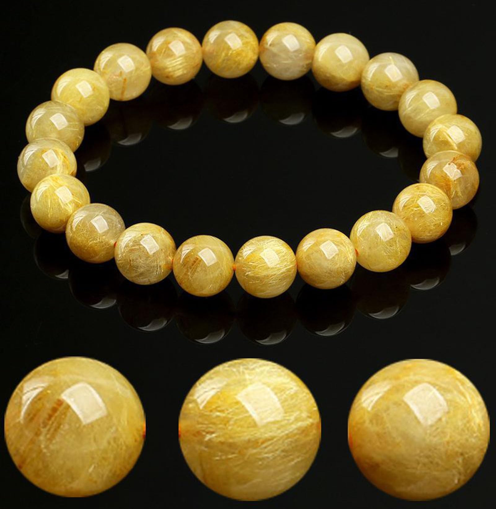 Bracciali quarzo con preziose rutilate dorate, bracciale elasticizzato | Bracciale unisex in cristallo di titanio citrino per portare ricchezza, successo, energia curativa