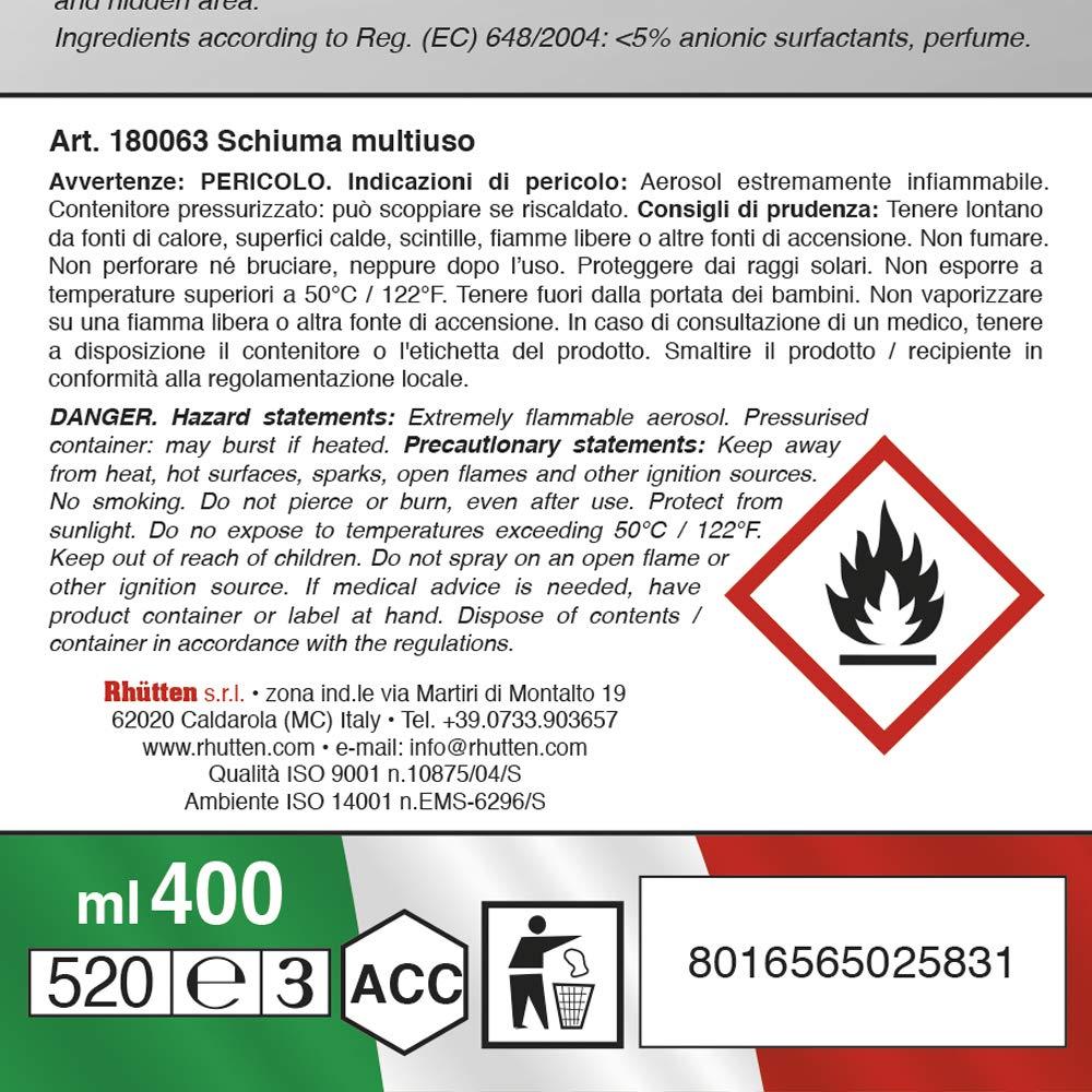 Schiuma Multiuso Igienizzante, Detergente per Tutte le Superfici Lavabili, con Ammoniaca, 400ml SPRAY
