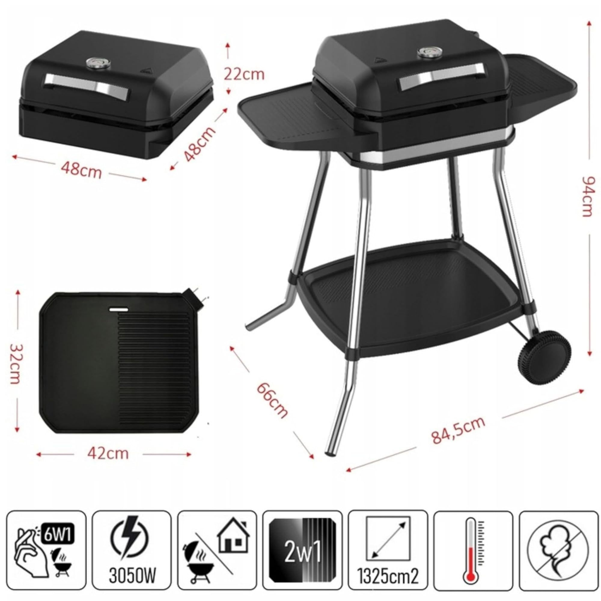 Barbecue électrique 2 en 1 3050 W avec pied grandes surfaces de cuisson régulateur de température