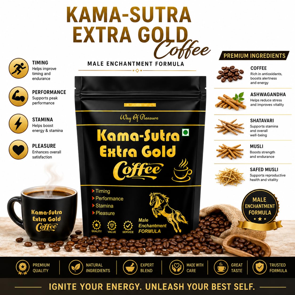 Way Of Pleasure Kama Sutra extra gold Mushroom Coffee Premix For Immunity booster Unroasted For Men & Women 45g 1