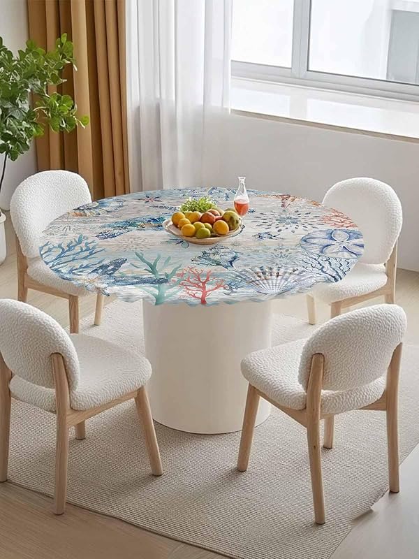Ocean Sea Turtle Round Tablecloth Fitted Elastic Edged Starfish Coral Shell Conch Table Cover Coastal Blue Sea Turtle Coral Waterproof Table Cloth(Round Tight Fits Table up to 36"-44" Diameter) by CosyBright - Used condition - Image 6