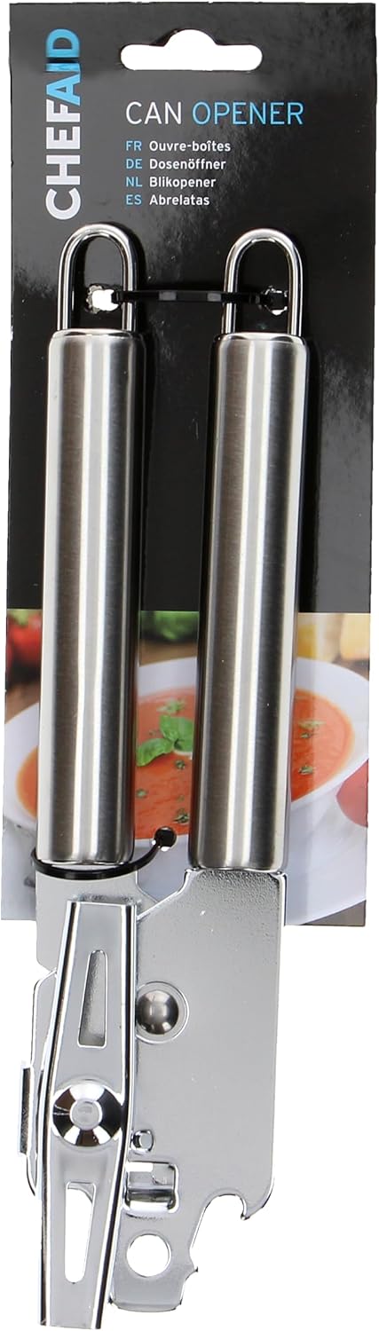 Chef Aid Can Opener, High Grade Stainless Steel Can, Tin, Jar and Bottle Opener, Manual Rotating Blade with Built in Hanging Loops - Dishwasher Safe