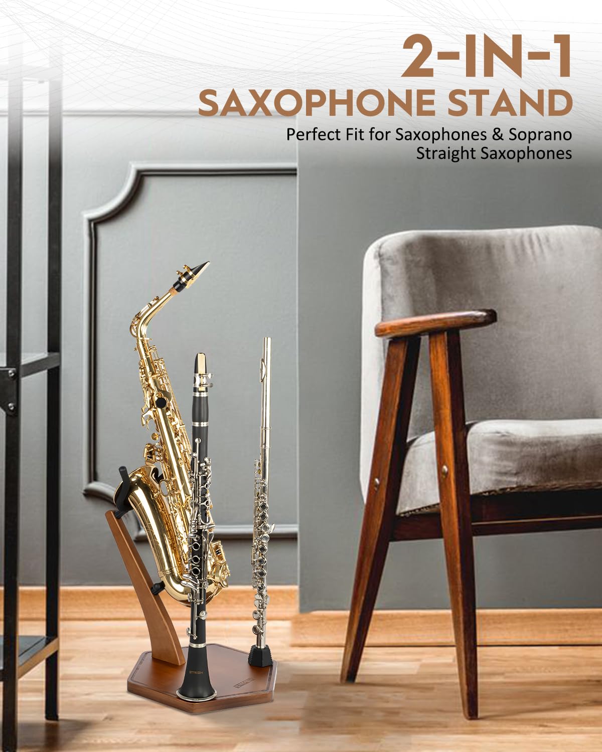 STRICH Supporto in legno per sassofono contralto e tenore realizzato a mano in legno massello color noce, base pesante con 2 supporti per flauto clarinetto