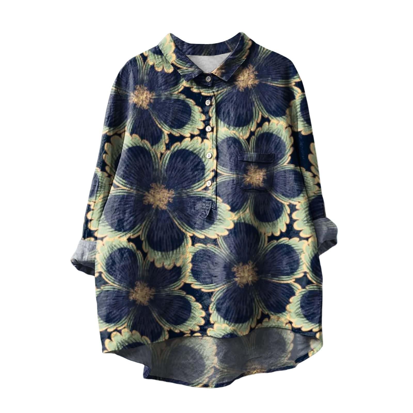 Generisch Túnica de lino para mujer, multicolor, blusa de verano elegante de manga larga con estampado, camiseta informal con botones de color, blusa suelta de muselina con solapa, vintage, transpirable, túnica