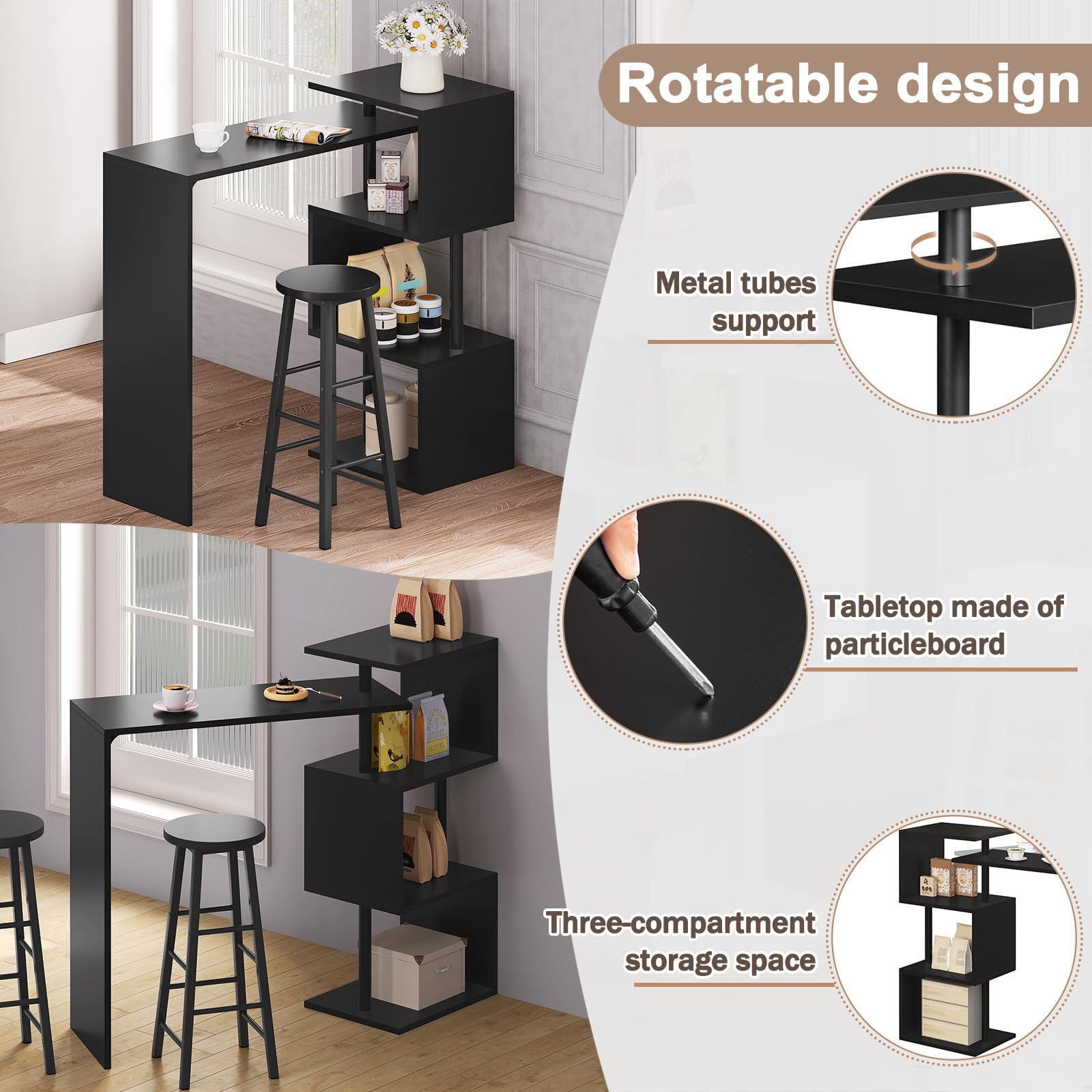 WOLTU Bartisch Stehtisch Bistrotisch Bartheke Tresentisch, mit 3 Ablagefläche, drehbar, Metall, MDF, 134x112x38cm(BxHxT), Schwarz