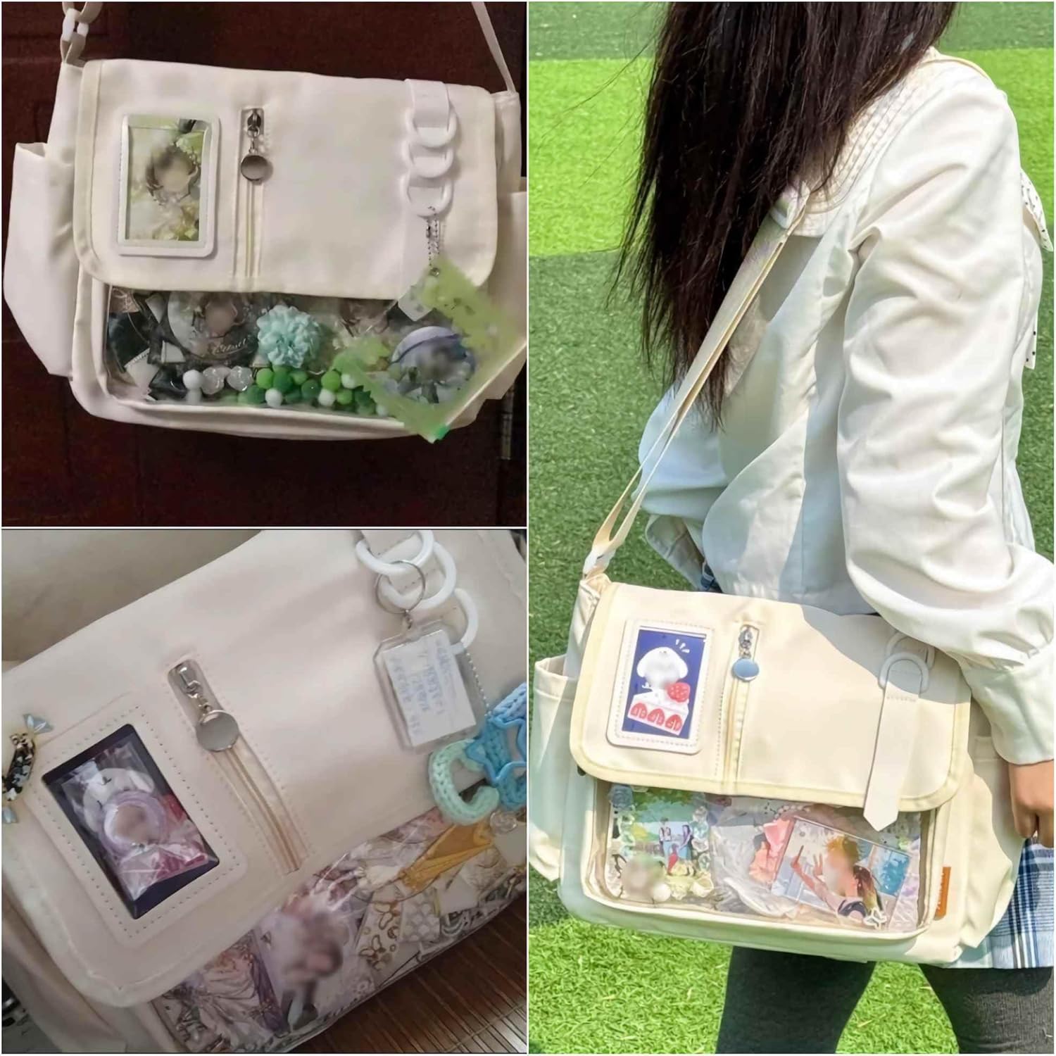 black ita messenger bag for women, large capacity cute pin display crossbody bag, kawaii purse with bottle holder