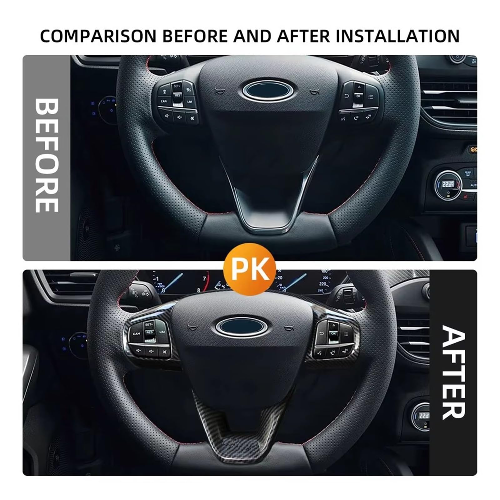 Interno Accessori Volante Pannello Copertura per Ford per Fiesta MK8 2017-2021 per Focus MK4 2019-2023 ABS Auto Pulsante Controllo Telaio Trim Adesivo Decorativi(Carbon Fiber Black)