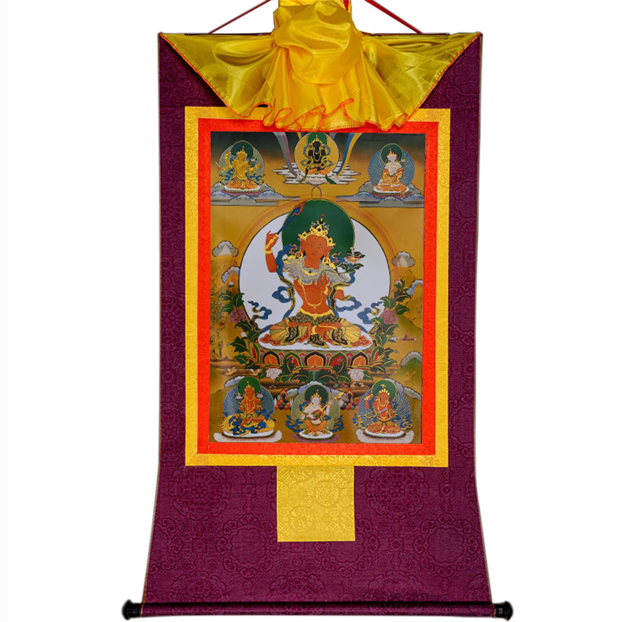 Gandhanra Tibetan Buddhist Thangka Wall Hanging,The Five Manjushri Buddhas Thangka,Hot Stamped Brocade Buddhist Tapestry for Zen Home Decor, Meditation, Spiritual Relaxation — image 1