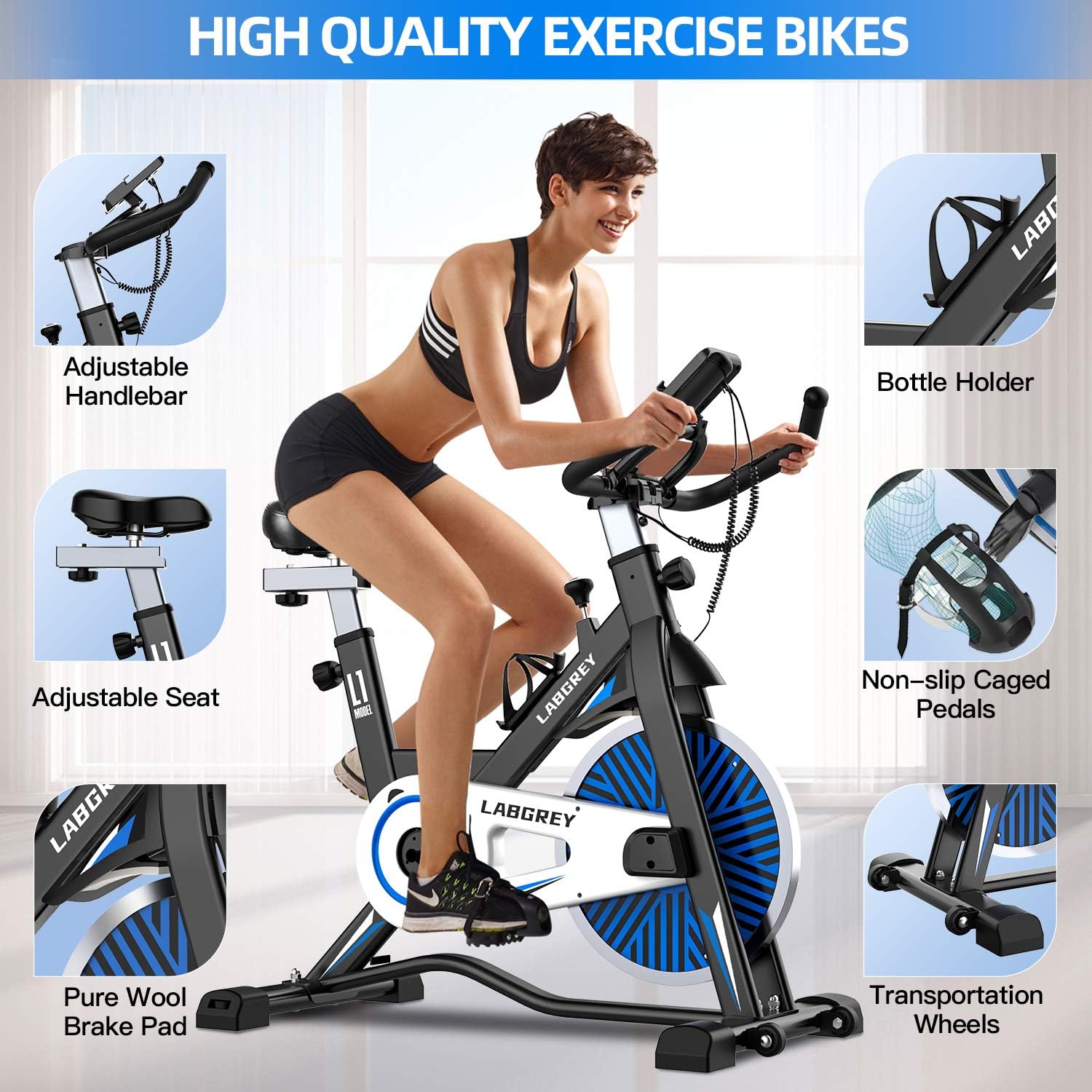 LABGREY Exercise Bike Indoor Cycling Bike Stationary Cycle Bike with Heart Rate Sensor & Comfortable Seat Cushion, Quiet Fitness Bike for Home Cardio Workout : Sports & Outdoors