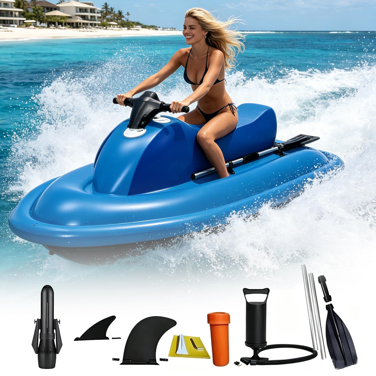 Osnzyc Upgraded 2-Person Inflatable Jet Boat,330lb Capacity Blue Motorboat with Optional Scooter | Dual-Fin Safety Design | 10-Speed Control & 130Min Runtime | Pool Lake Ocean Use Nothruster