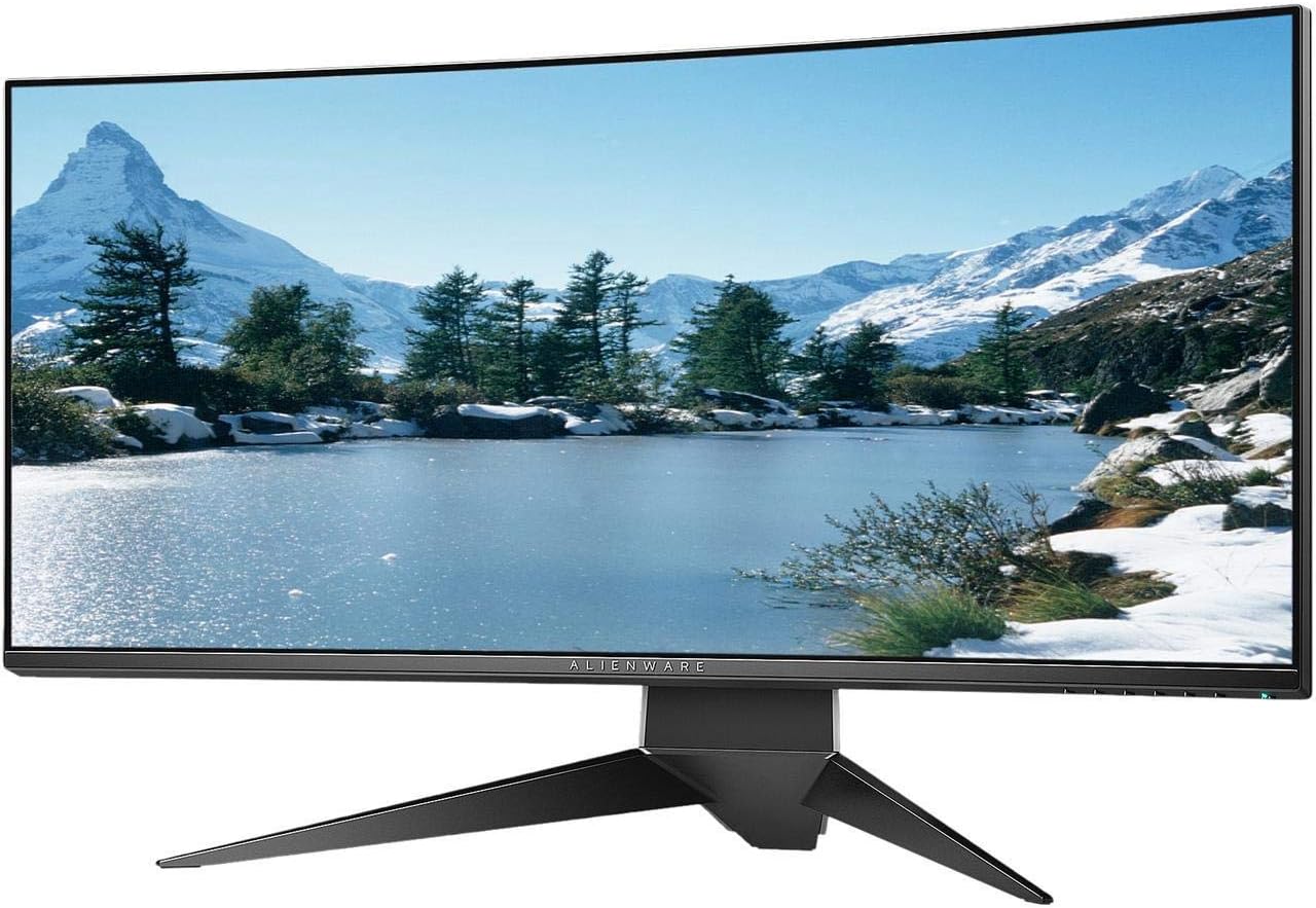 Заден дел view of the Alienware AW3418DW monitor showing the stand and AlienFX lighting.
