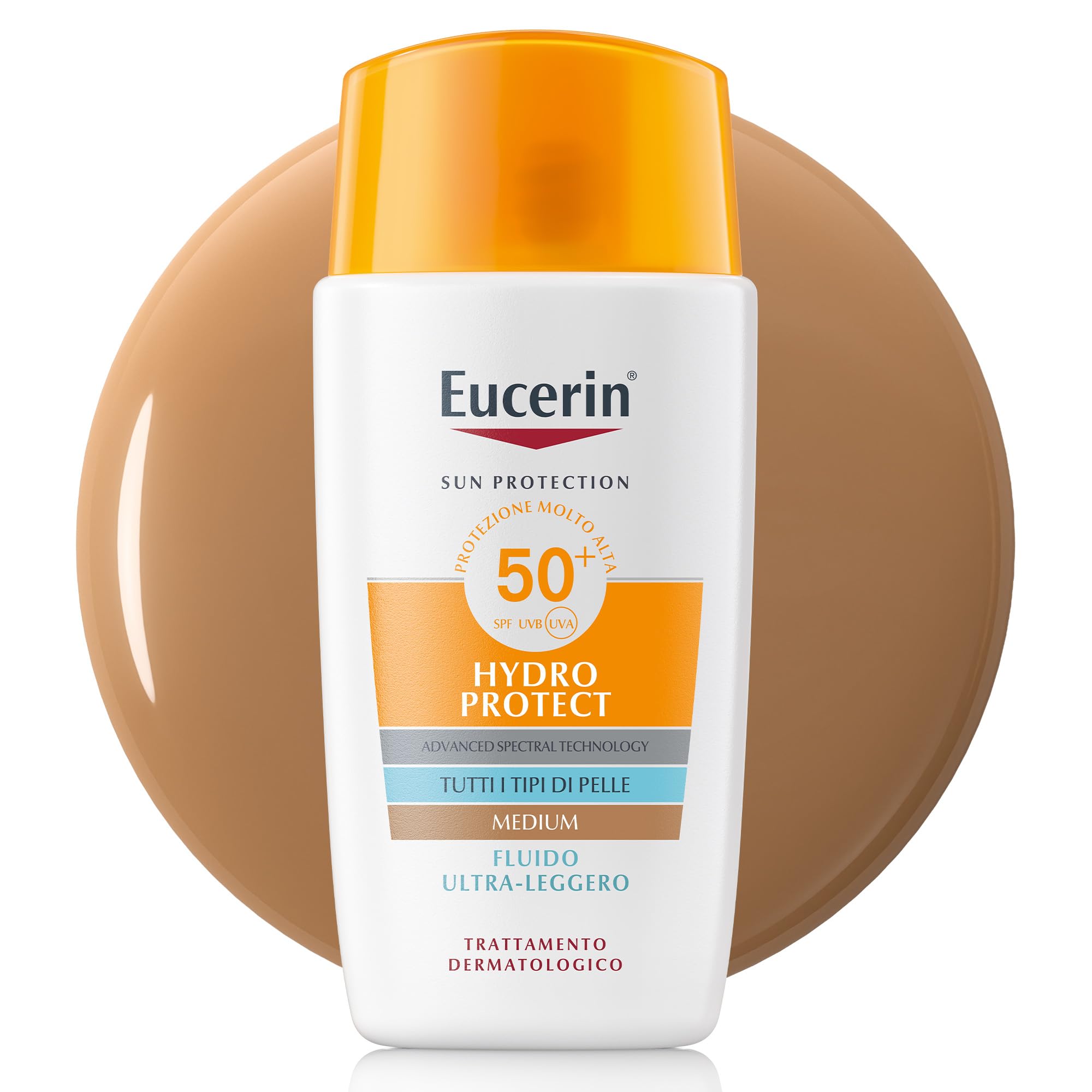 Eucerin Hydro Protect Fluido Ultra Leggero SPF 50+ Tinted Medium 50 ml, Crema solare viso 50+ con filtri UVA/UVB, Protezione solare 50+ pigmentata, Crema colorata viso in fluido extra leggero