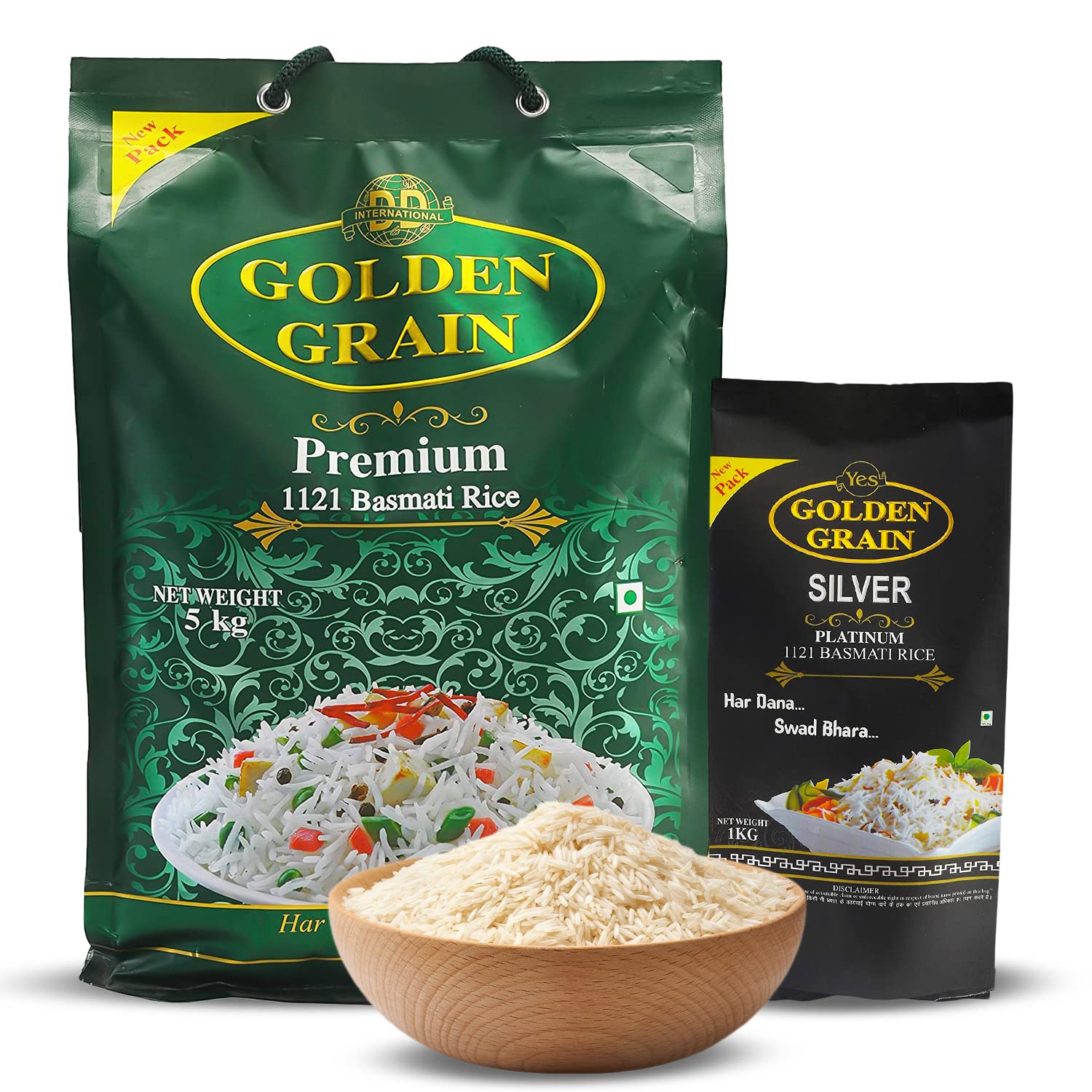 GOLDEN GRAIN Premium Basmati Rice 5Kg + Silver Platinum 1Kg | Extra Long Grain 3X with Rich Aroma | Traditional Biryani Rice | Naturally Aged & Non-Sticky | Perfect Authentic Basmati Rice (B0BLS2WFXK) Amazon Price History, Amazon Price Tracker