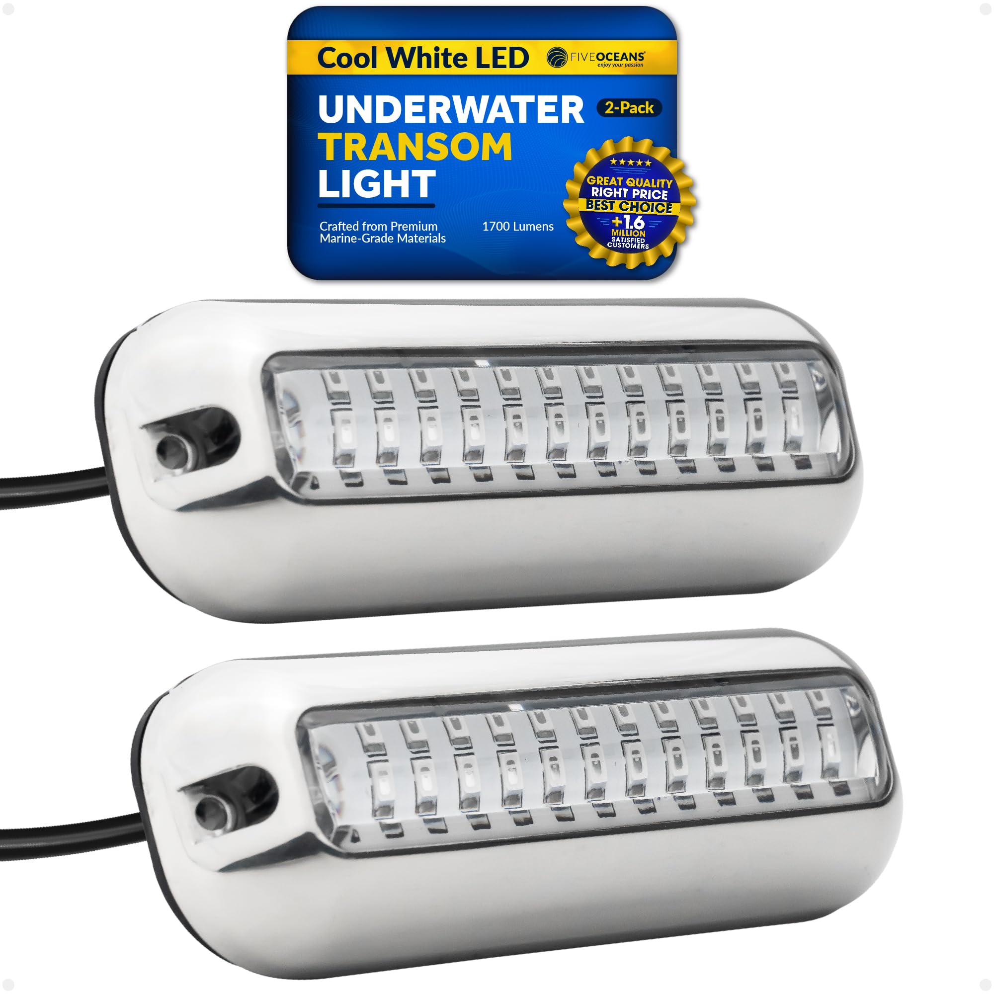 Five Oceans 2-Pack Underwater Boat Lights - Underwater Lights for Boat, Boat Cockpit Light, White LED High Power 1700LM, Marine-Grade 316 Stainless Steel Bezel, 12V DC, Waterproof IP68 - FO4137-M2