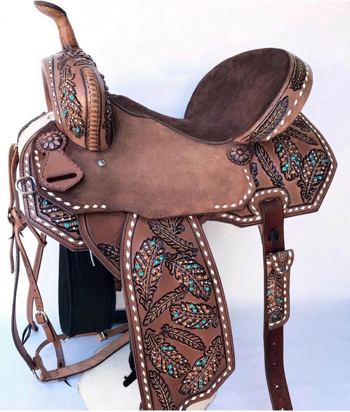 Handmade Premium Leather Comfort Western Barrel Racing Saddles for Horses Trail Equestrian Tooled Carved Horse Saddle for Equestrian Riding Size: 10-18 inch Seat QW39 (17" inches seat)