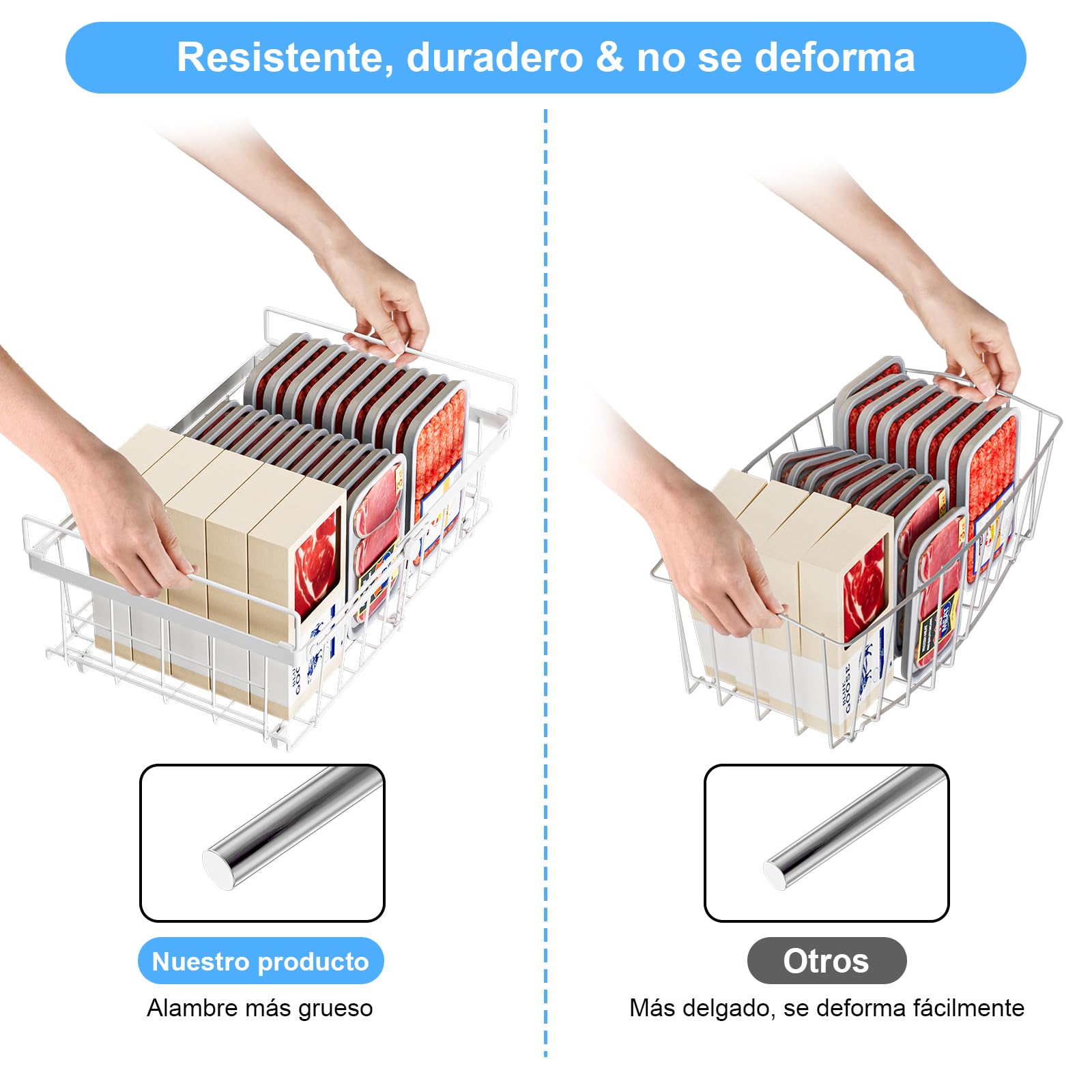 4 Piezas Organizador Congelador Cestas Apilables Para Congelador con Asa,Metal Organizador Arcon Congelador Apilable Extensible,(29-45.5x30.5x15cm) Blanco