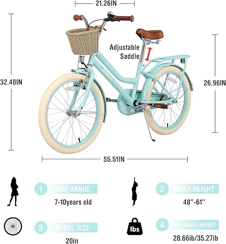 Miniatura 3 de ZUKKA Bicicleta para niños de 2024 pulgadas con cesta de una sola velocidad, freno delantero en V y freno trasero para niños mayores de 7 años,