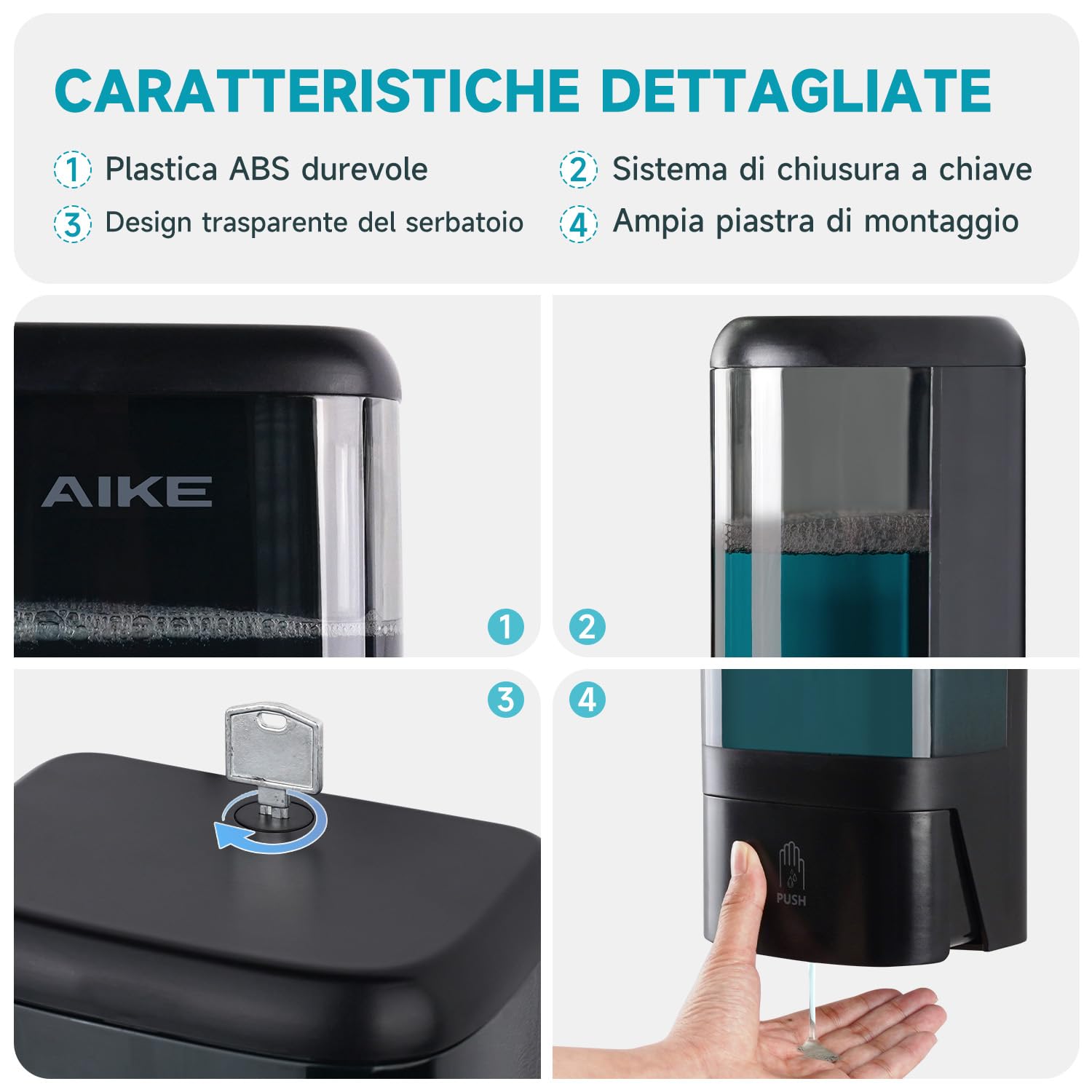 AIKE Dispenser di sapone liquido commerciale da 1200 ml, grande capacità, pompa manuale a parete con serratura e finestra trasparente, ideale per uffici, spazi industriali e bagni