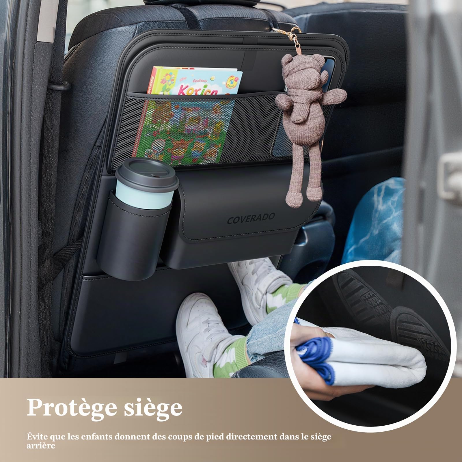 Coverado Organiseurs pour voiture, Napa cuir Protection de Dossier de Voiture Enfants avec support plat/plateau alimentaire pliable/protecteur de coussin de pied/Multi - sac/support de sac-poubelle