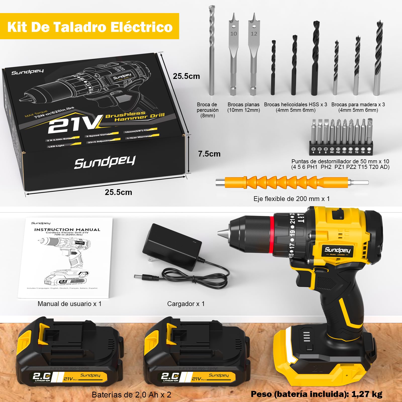 Sundpey Taladro Percutor a Bateria 70Nm - 21V Sin Escobillas Taladro Atornillador con 2 Baterías 2.0Ah, 23+3 Ajustes, 2 Velocidad, Luz LED, Destornillador Eléctrico Inalámbrico para Hogar Bricolaje