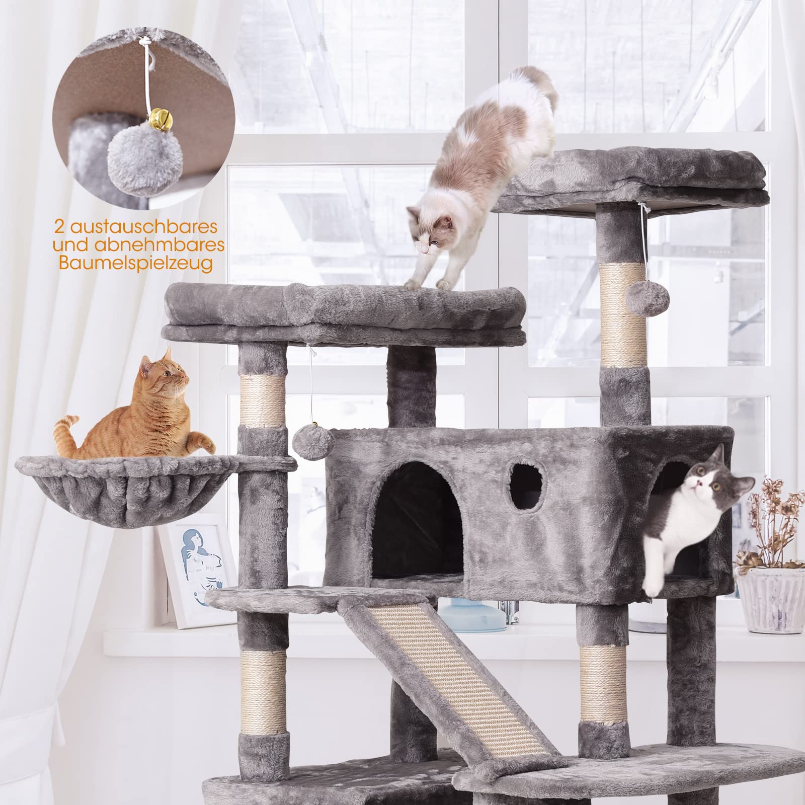 Poste rascador para Gatos Grandes de 180 cm de Alto, árbol para Gatos con casa, Muchas Plataformas de visualización, Hamaca para Gatos, Escalera de Escalada de Cuerda de sisal, Alfombra de Felpa