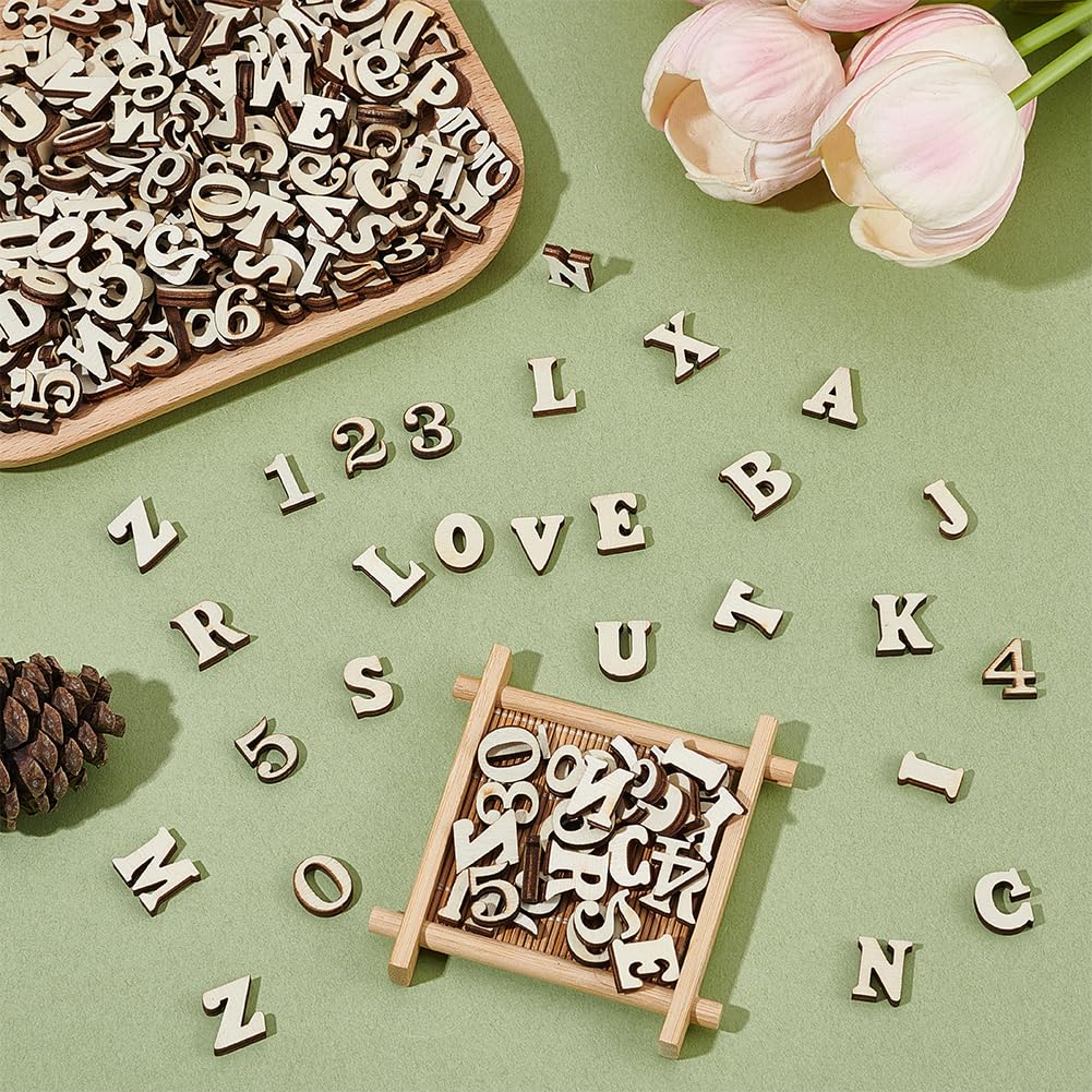 SOFPLATE 1 Box 400Pcs Random Mixed 15mm Wooden Letters Numbers Unfinished Wood Numbers Alphabets Assorted Shapes Small Slices Chips for Crafts DIY Spelling Painting Arts Home Wall Decoration Adults - Image 4