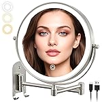 ALHAKIN 9 Wall Mounted Lighted Makeup Mirror, Rechargeable 1X/15X Magnifying Mirror with 3 Color Lights Dimmable, 360 Rotation, Nickel