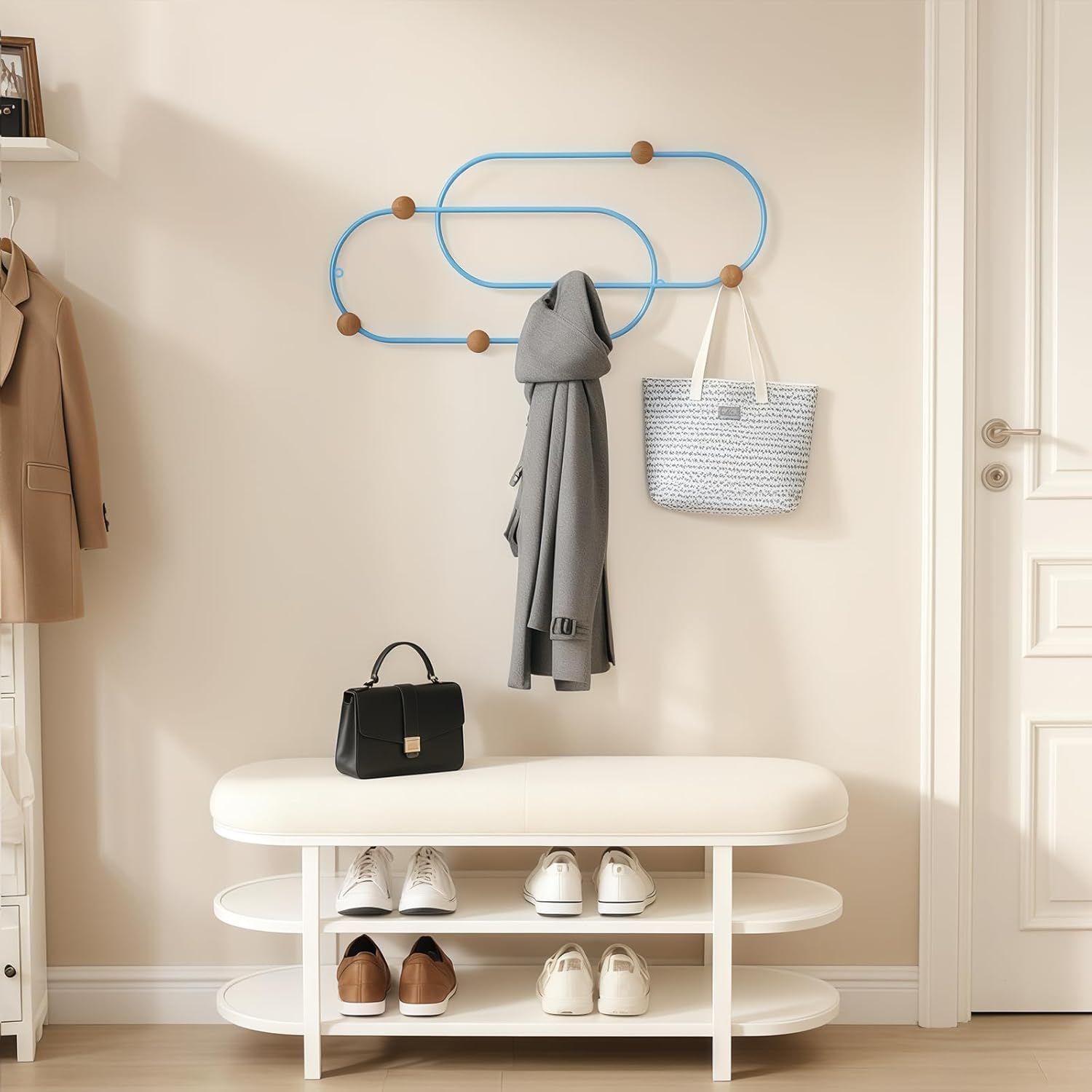 Multifunction Wall Mounted Unit with Coat Hat Rack Hooks and Metal Necklace Holder (Blue, 23.62” L × 11.22” W(6-Hook))