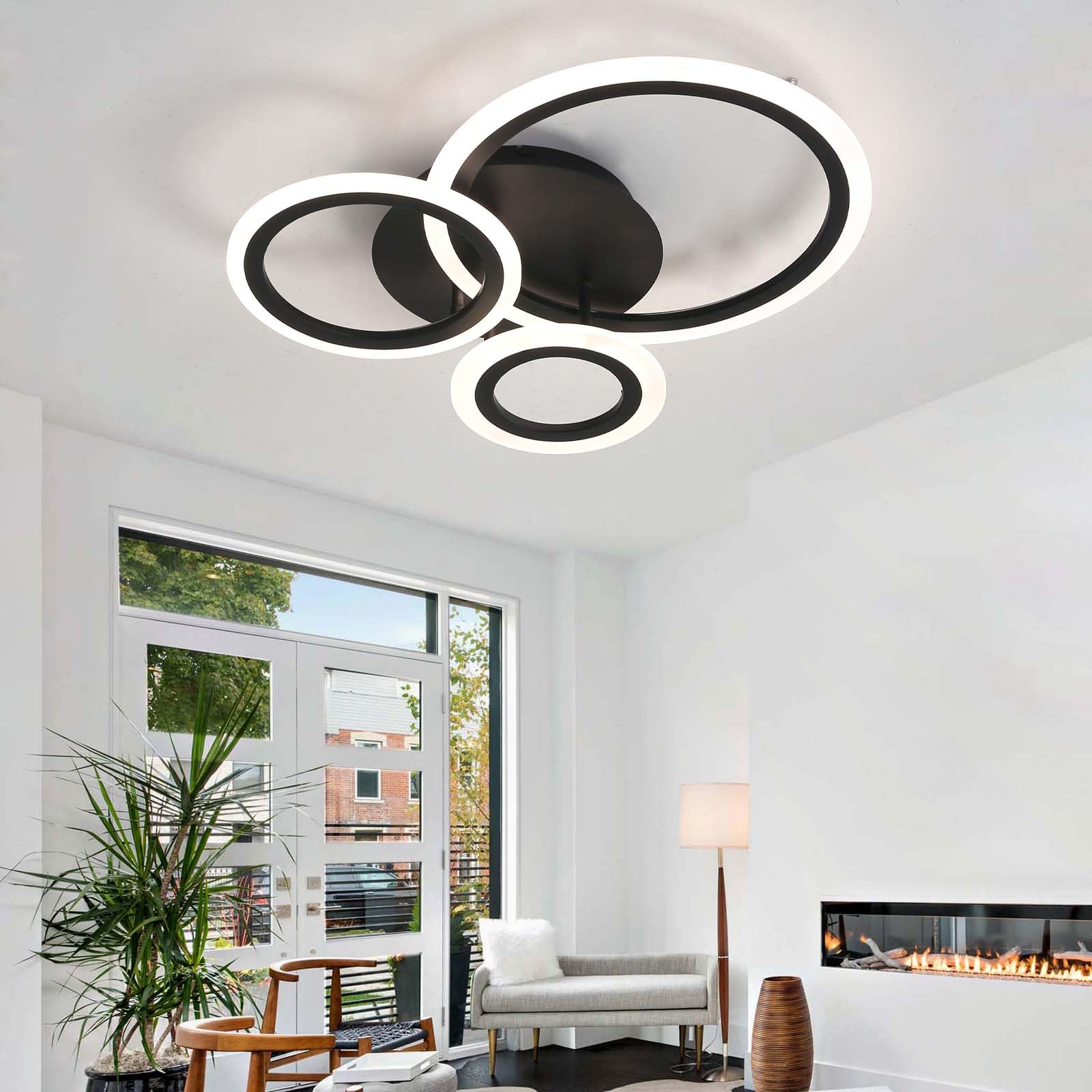GWYAJTU Round Ceiling Light 3000K-6500K,LED Dimmable Modern Chandeliers,Lights Ceiling with Remote Control APP,for Office Bedroom Living Room Kitchen-Black||3 Rings