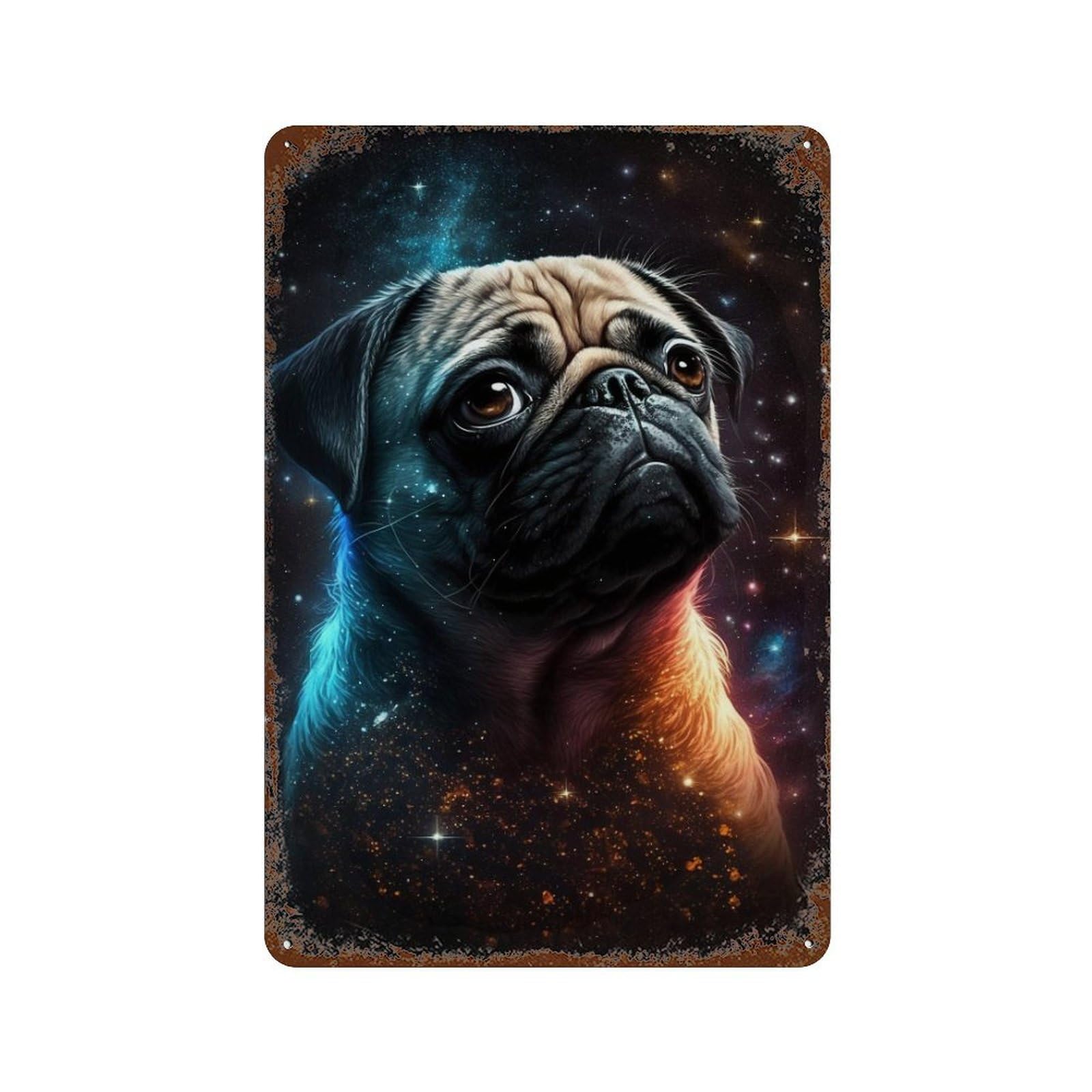 Aged Metal Wall Plaque with Cosmic Pug Portrait-3 Design 11.8"x7.9", for Farmhouse, Kitchen And Entryway Decor, Old School Wall Decor