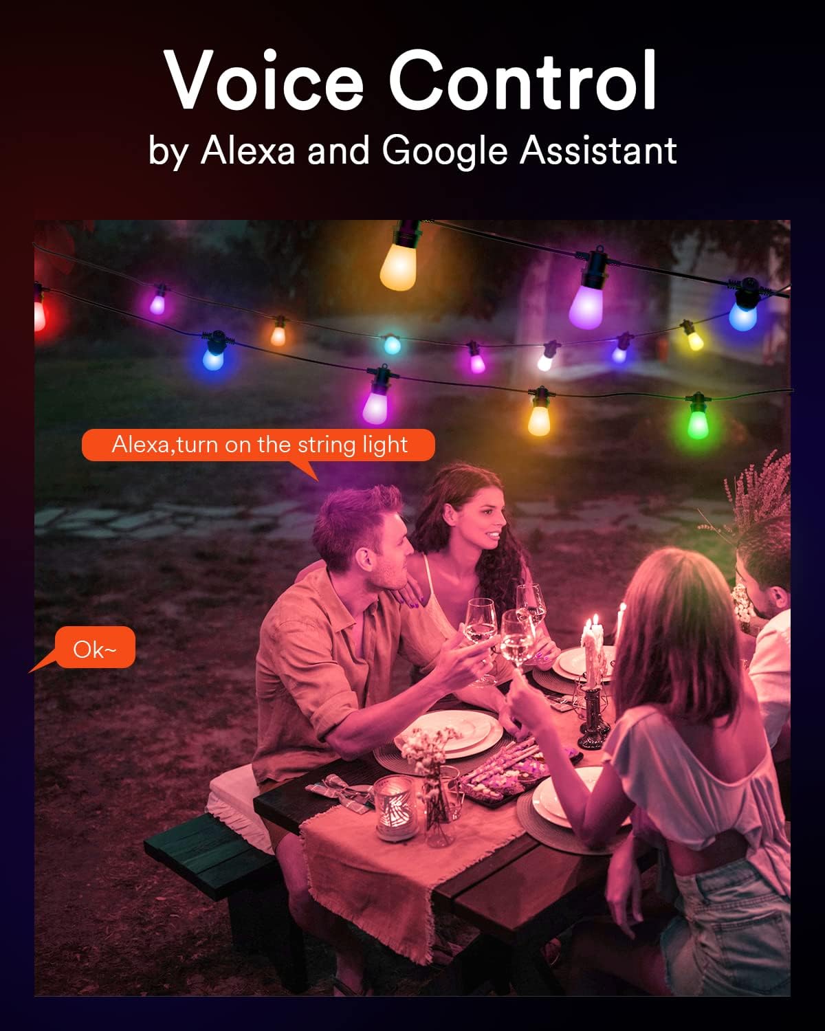 People enjoying an outdoor setting with the Lumary Smart String Light, demonstrating voice control with Alexa.