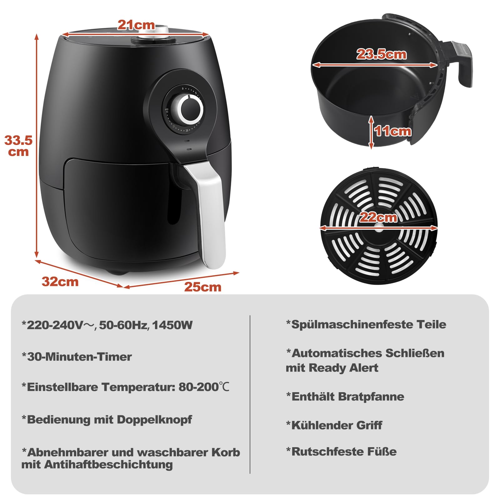 TUKAILAi Family Size Air Fryer con circulación de aire rápida, 5 litros, 1450 W, temporizador de 30 minutos y control de temperatura totalmente ajustable para una cocción saludable sin grasa y sin