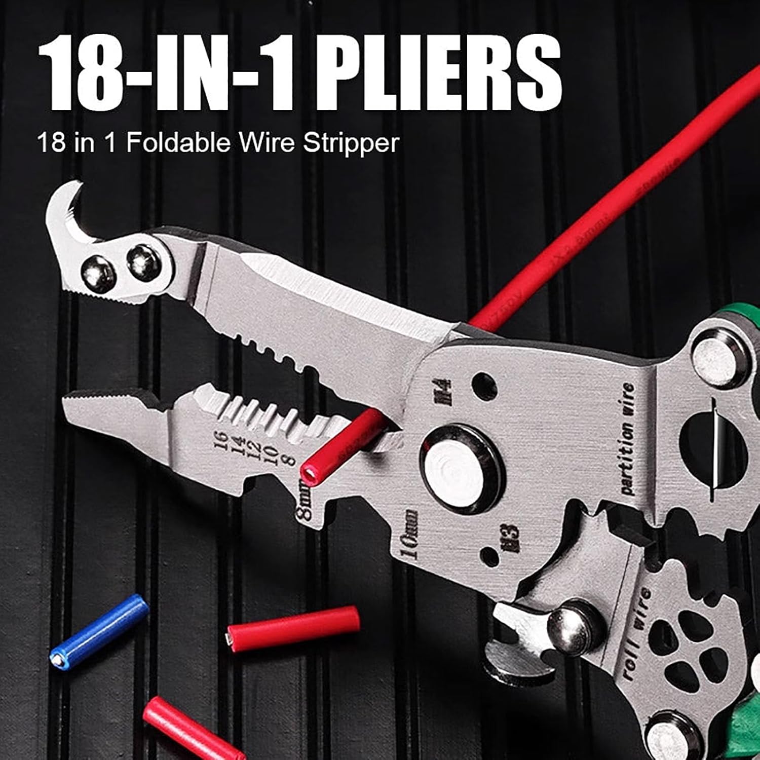 Multifunctional Foldable Wire Stripper Electrical Pliers, 18 in 1 Foldable Wire Stripper Wire Stripper Crimper Cable Cutter Pliers for Cutting and Pulling Wires Cable Scissors (Upgrade Green)