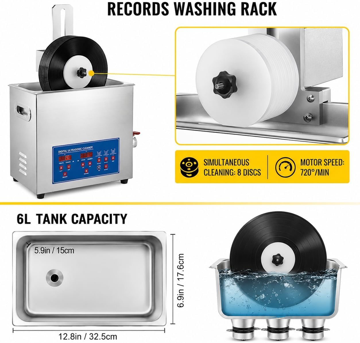 Pulitore per dischi in vinile ultra per 8 LP, macchina automatica per la pulizia su entrambi i lati, con timer da 0 a 30 minuti, cura efficiente del vinile per amanti della musica e collezionisti