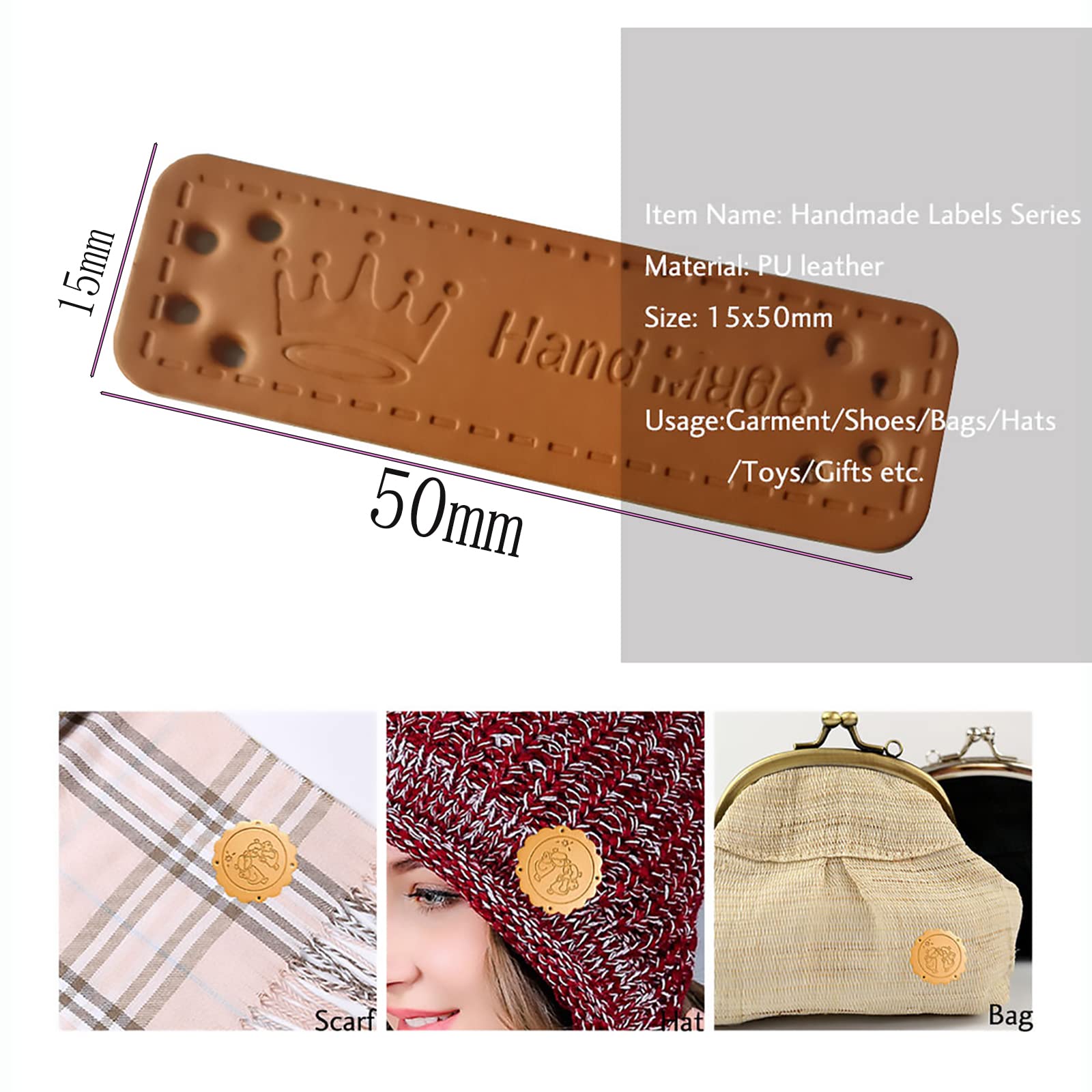 QUARKZMAN 30Stk Handgemachte Leder Etiketten zum annähen Handmade Label PU Leder Handgefertigt Geprägtes Etikett für Verzieren Selbermachen Nähen Basteln 55x15mm Braun