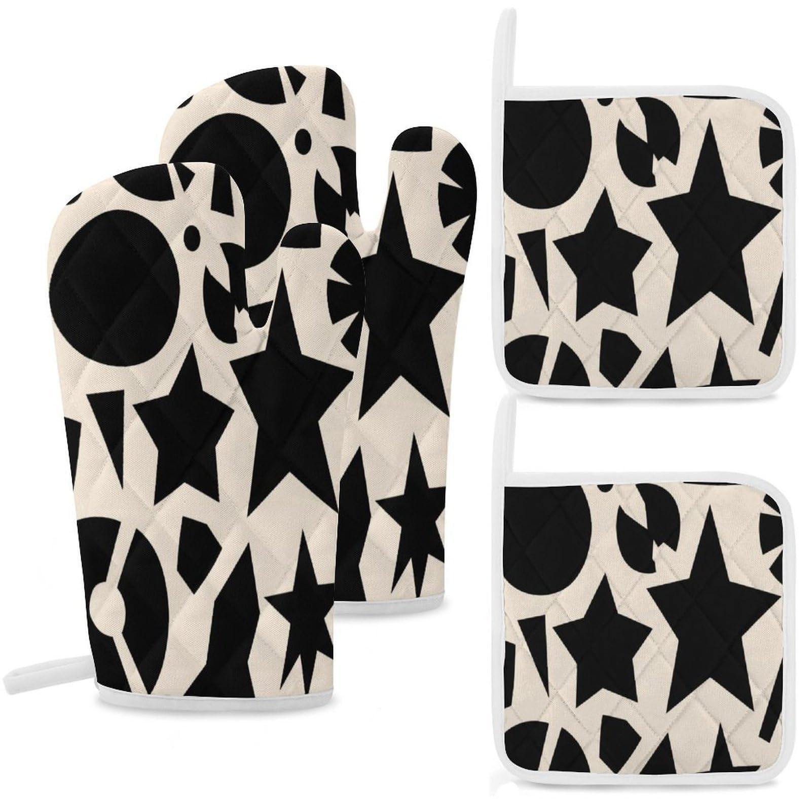 Fekiloot Style Geometry Oven Mitts And Pot Holders 4-Piece Set, Kitchen Oven Glove With Hanging Loop, Bbq Gloves For Cooking Baking Grilling