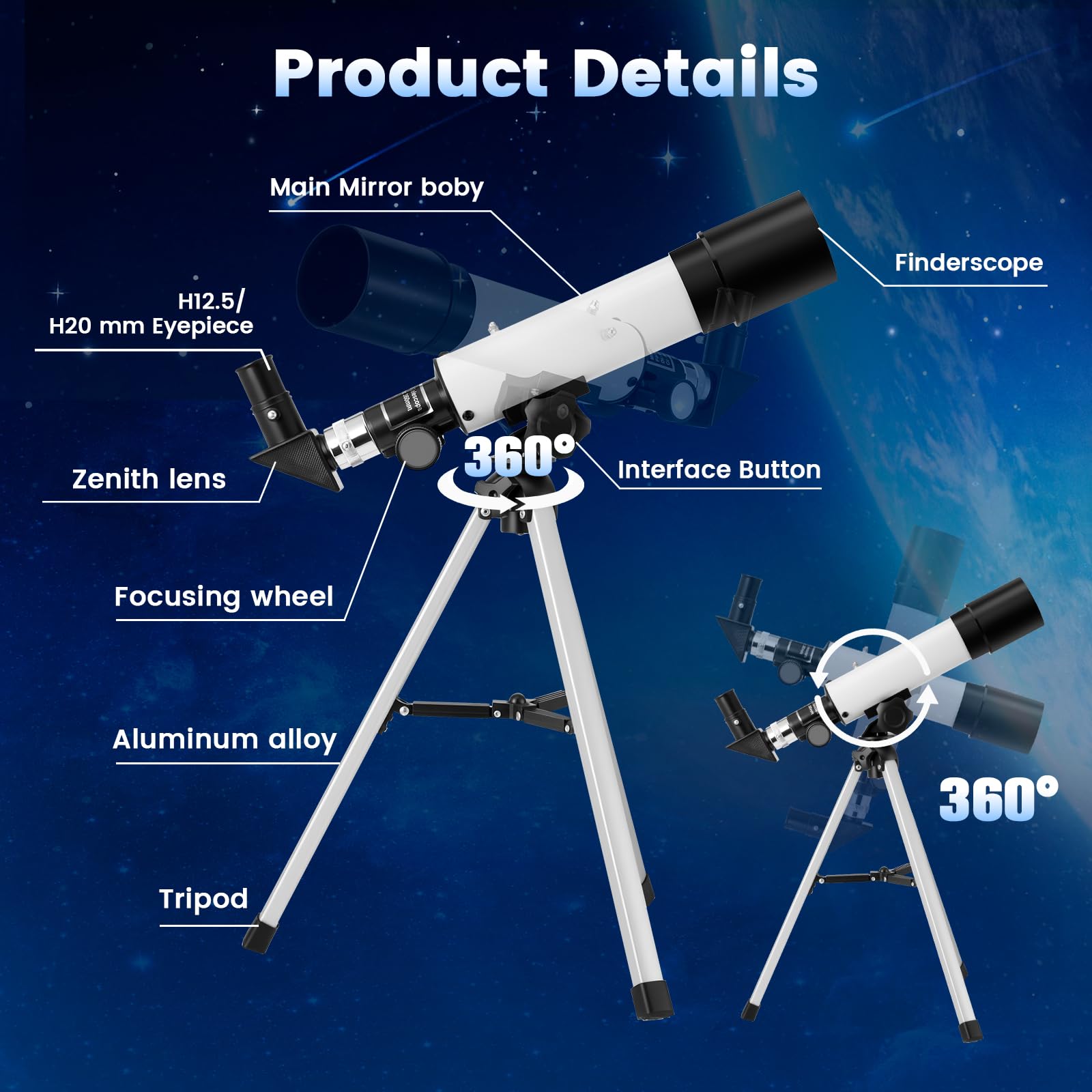 Telescopio per Bambini, Telescopio Astronomico con Lente da 50mm e Lunghezza Focale 360mm per Principianti, Telescopio per Bambini con Mirino e Treppiede, Ideale per Bambini/Adulti/Principianti