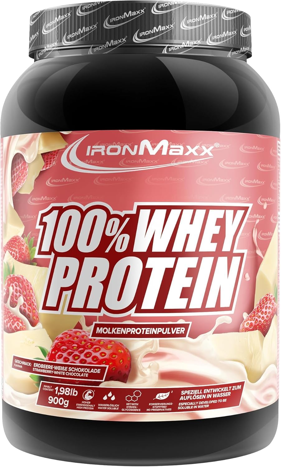IronMaxx 100% Whey Protein 900 g Truskawka Biała Czekolada | Białko Serwatkowe | Niska Zawartość Cukru