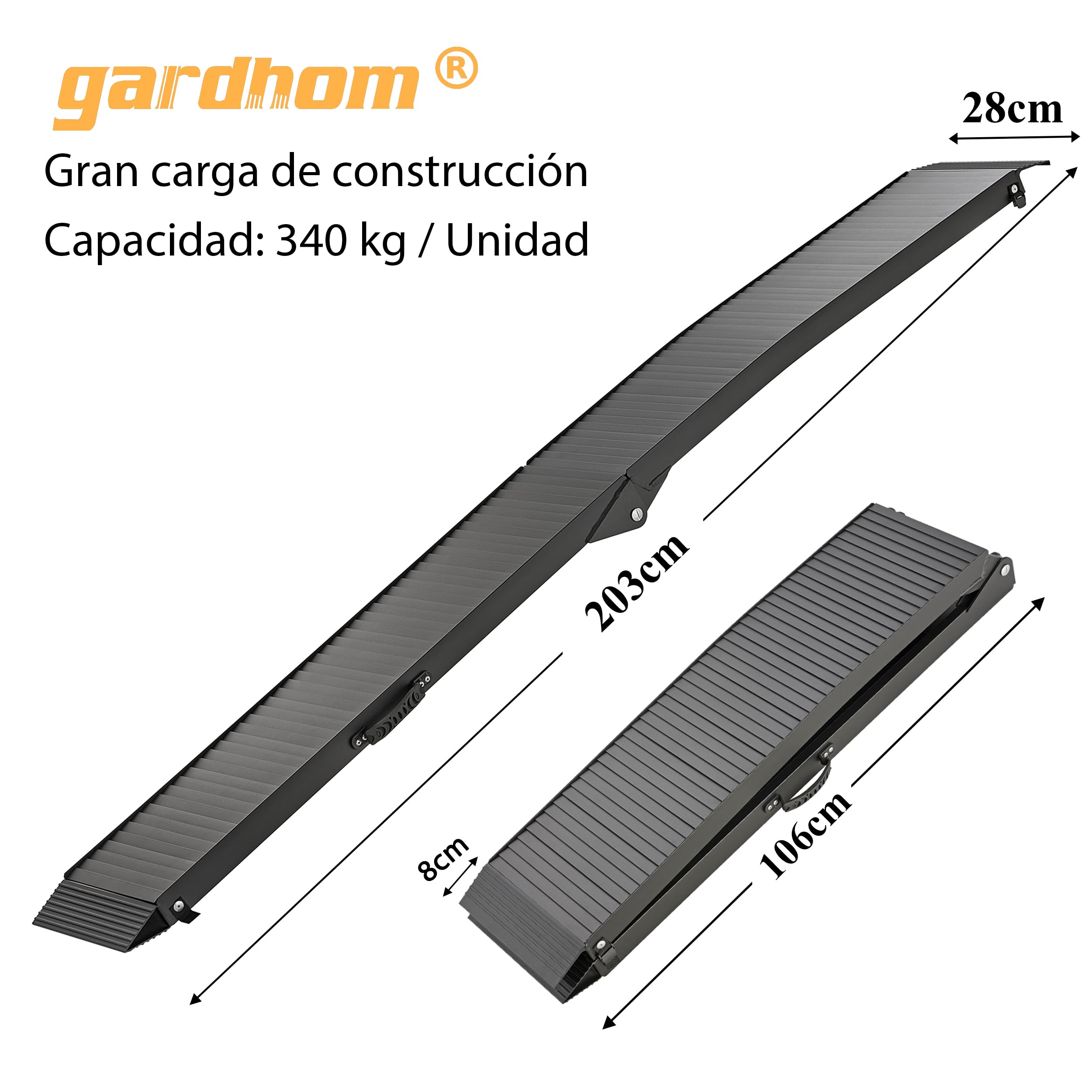 gardhom Rampas para Coches Antideslizante 340kg Aluminio Rampa Moto Plegable 203x28x4.5cm Rampas de Carga, Bicicletas, Remolques, Cortadoras de Césped, Sillas de Ruedas