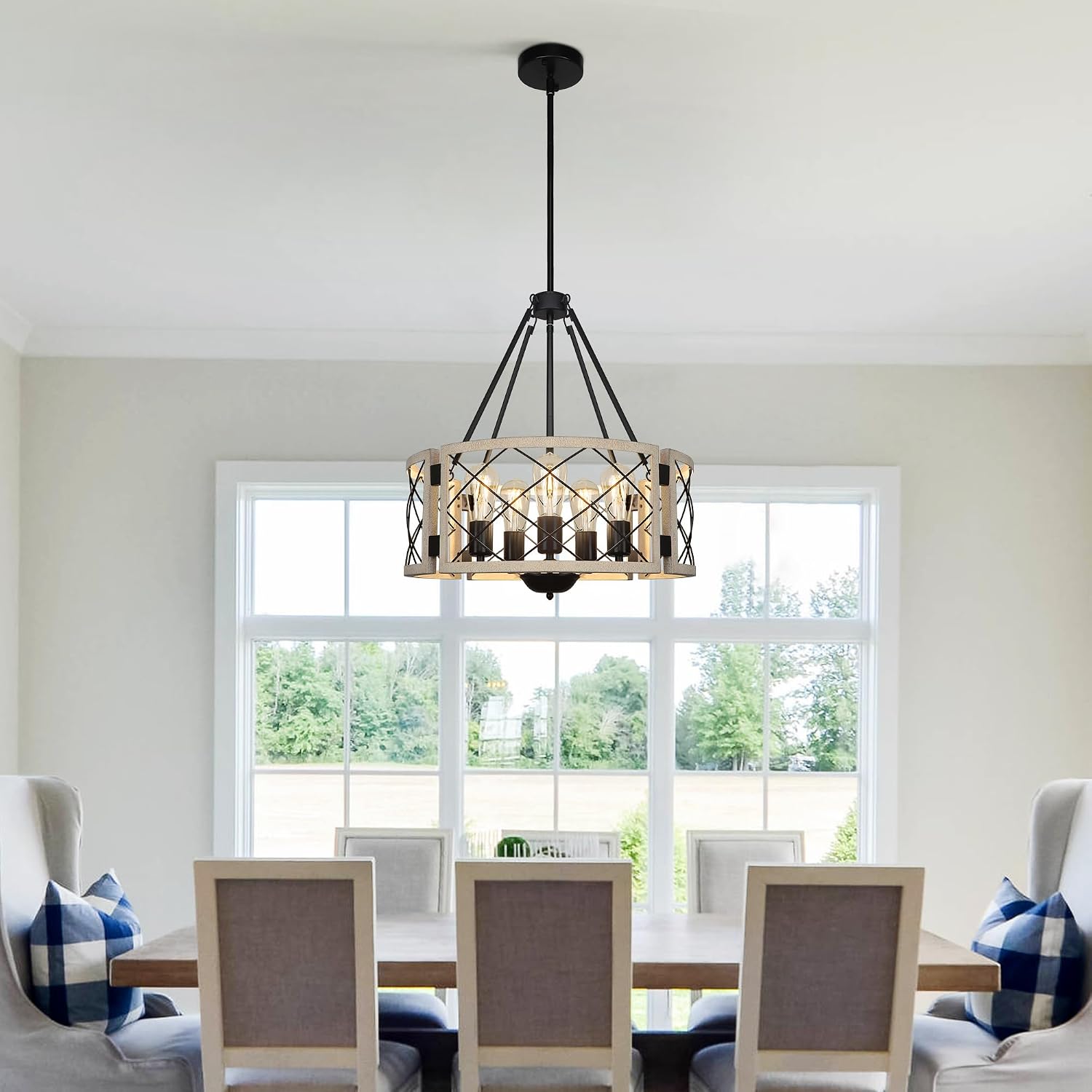 Sigaitwei 18.9'' Farmhouse Drum Chandelier, 5-Light Adjustable Dining Room Light Fixture Kitchen Island Lighting, Rustic Hanging Lights for Entryway Dining Room Kitchen Table Foyer Living Room.